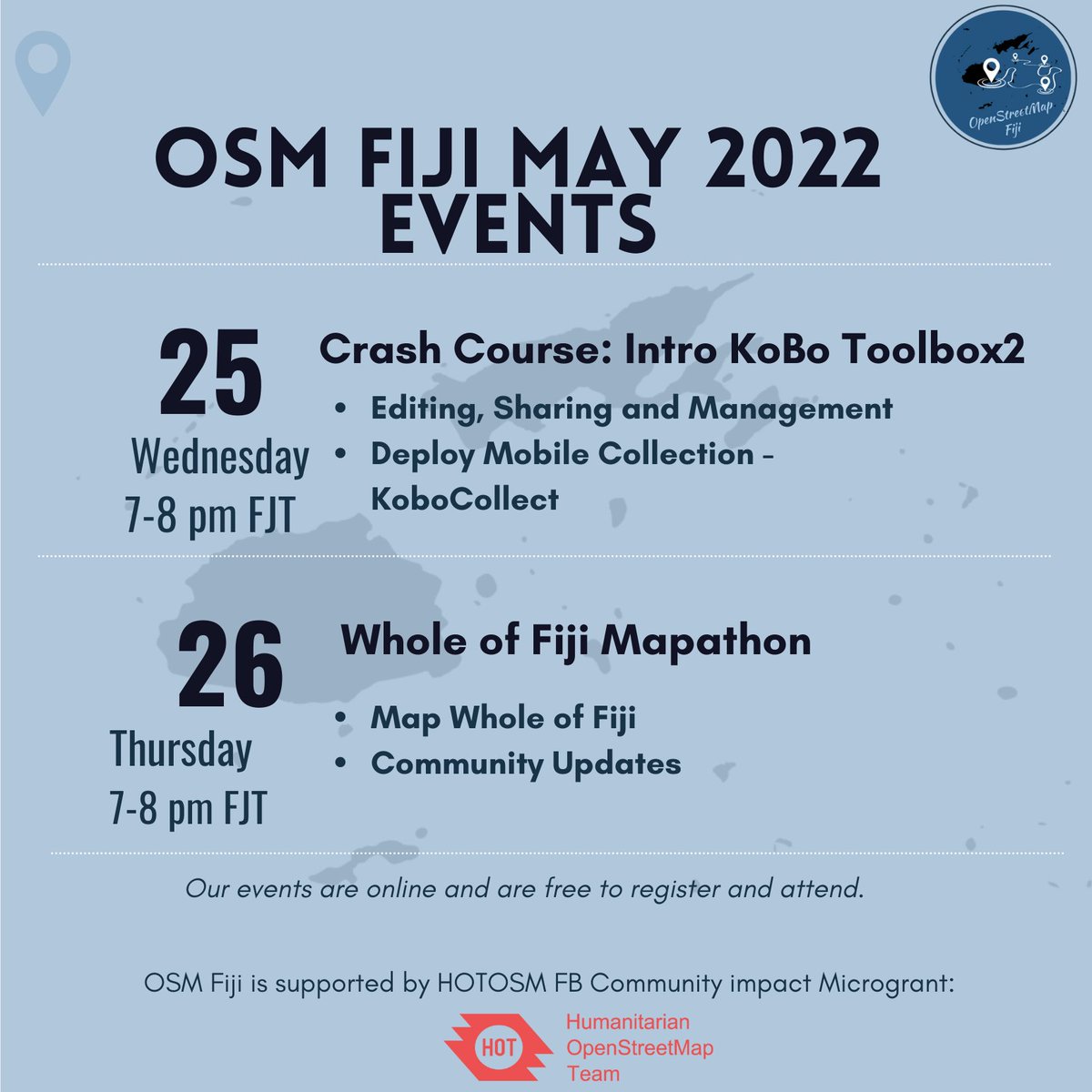 OSMFiji's tweet photo. #teamfiji we're back with our usual.
Join us to recap on KoBo Toolbox, managing your project and deployment on a mobile device using KoBo Collect. AND, don't forget our mapathon!
Lets map every building!
#osm #hotsom #fbcommunity #hotmicrogrant https://t.co/tJVweypqbG