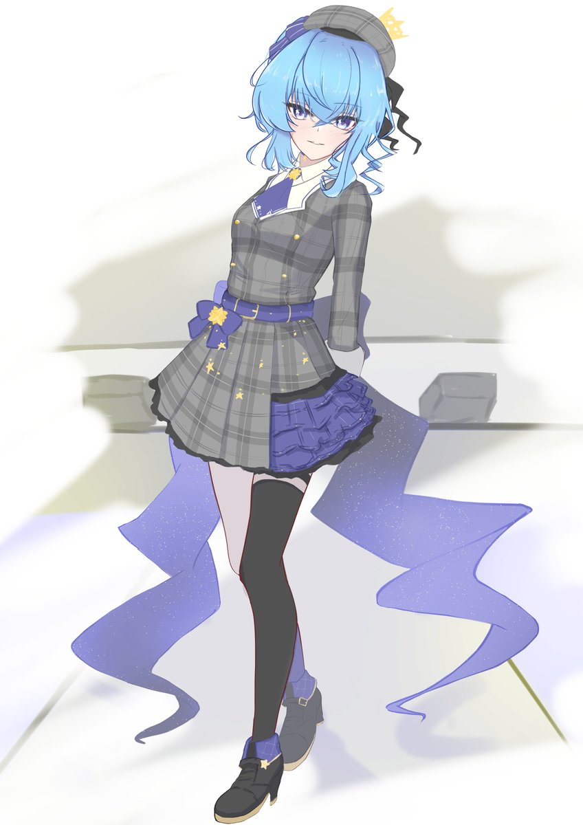 hoshimachi suisei 1girl solo blue hair hat blue eyes plaid headwear beret  illustration images