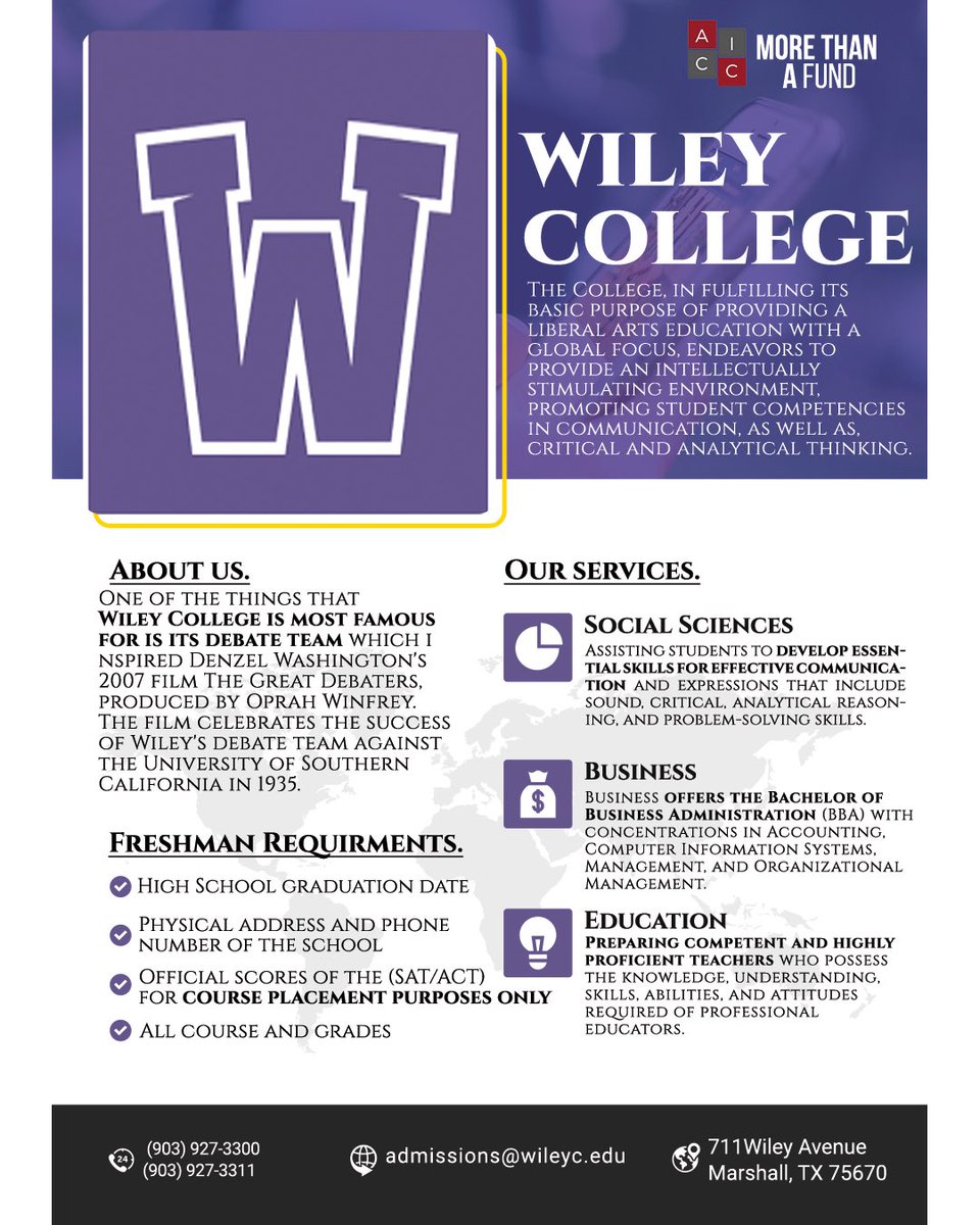 ACICscholarship's tweet photo. Looking to attend @WileyCollege Here is their admission information!

Comment the next school you would like admission information for and make sure to leave a like. ⬇️❤️ 
#HBCU #Students #school #Scholarships #scholarshipopportunities #TeacherAppreciationWeek #achangeiscoming https://t.co/tGCZQKTwIc