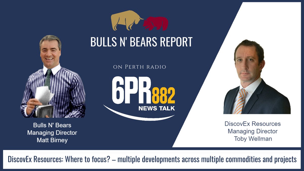 Tune in to <a href="/6PR/">6PR Perth</a> from 11:50am AWST to hear @discovex MD Toby Wellman talk about DiscovEx's multiple developments across multiple commodities and projects.

Click 6pr.com.au/tag/public-com…  &amp; press "LISTEN" at 11:50am AWST (1:50pm AEST).

$DCX #DiscovExResources#BullsNBearsReport