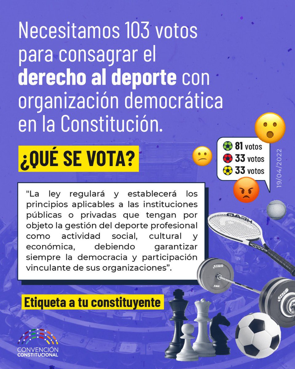 asambleazules's tweet image. Momento crítico para poner al deporte y su organización democrática en la nueva constitución. 
Hoy se vota en el Pleno de la Convención el inciso 3 del derecho al deporte y sin él poco y nada habremos avanzado. ¡Etiqueta a tu constituyente para que sea 1 de los 103 votos a favor!