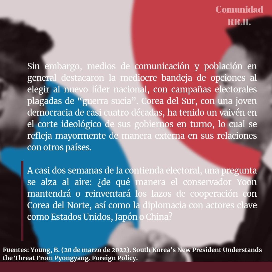 RRIICommunity's tweet photo. ¡HOY ES DÍA DE DATOS! 🤓

Las recientes elecciones del 9 de marzo en #CoreadelSur 🇰🇷 dieron lugar al regreso de un gobierno #conservador a cargo del candidato ganador #YoonSuk-yeol 🎖, quien será la persona que sustituya al #democrático #MoonJae-in. 

#somosrrii🌐
#RRIIcommunity https://t.co/aZYG5dMj6u