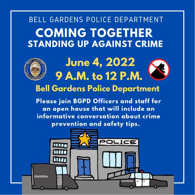 bellgardenscity's tweet photo. 👮♀️🚓 Coming Together Standing Up Against Crime
Please join BGPD Officers and staff for an open house that will include an informative conversation about crime prevention and safety tips.
https://t.co/eaSglg5066
@BellGardens_PD @BGPDChief358
#BellGardens #BG #BGPD #BGPolice https://t.co/vNPmv5cQge