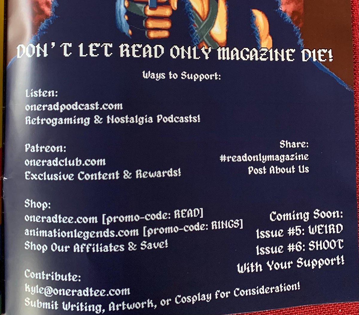 The theme for Issue 6 of #ReadOnlyMagazine is “SHOOT”! What video games come to mind when you see that? 

Want to write or draw about it? Have a cool cosplay photo you want to show off? Submissions are due the first week of August. Contact info is on the pic below.