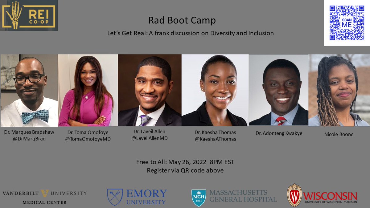 Rad Bootcamp Session: 
Let’s Get Real: A Frank Discussion on Diversity and Inclusion 

@DrMarqBrad @LaveilAllenMD @TomaOmofoyeMD Dr.Adonteng Kwakye @KaeshaAThomas Nicole Boone

When: Thu, May 26, 8–9 PM EST
Who: Free, All welcome
Where: Virtual
Register: uwmadison.zoom.us/meeting/regist…