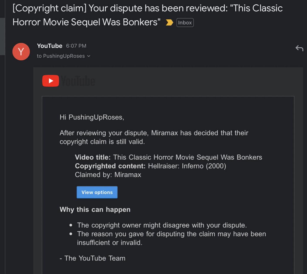 PushinUpRoses's tweet photo. You’ve gotta be kidding me, @Miramax. The 800 or so bucks I would have made on this meant the world to me, what the fuck do YOU need it for? Thanks for nothing, @YouTube. https://t.co/WMunAmGf9k