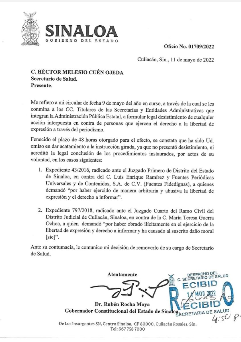ÚLTIMA HORA Cesan de su puesto como Secretario de Salud de #Sinaloa a <a href="/melesiocuen/">Héctor Melesio Cuén</a> por hacer caso omiso de retirar demandas en contra de periodistas por ejercer su libertad de expresión; el gobierno dio 48 horas de plazo