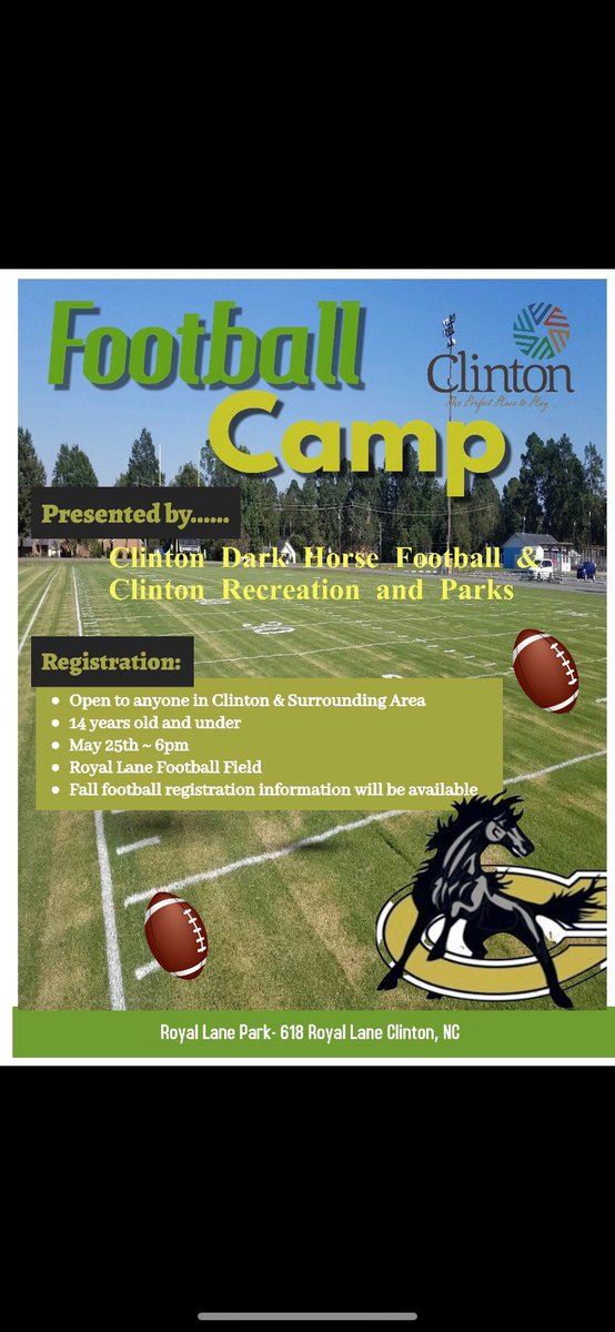 DarkHorseFball's tweet photo. Spread the word free camp May 25th for any athletes 8th grade or younger @CoachMcFatten @Coach_CJohnson8 @CoachHunt93 @SampsonBriefly @nc_hsfb https://t.co/xku5RYgnog