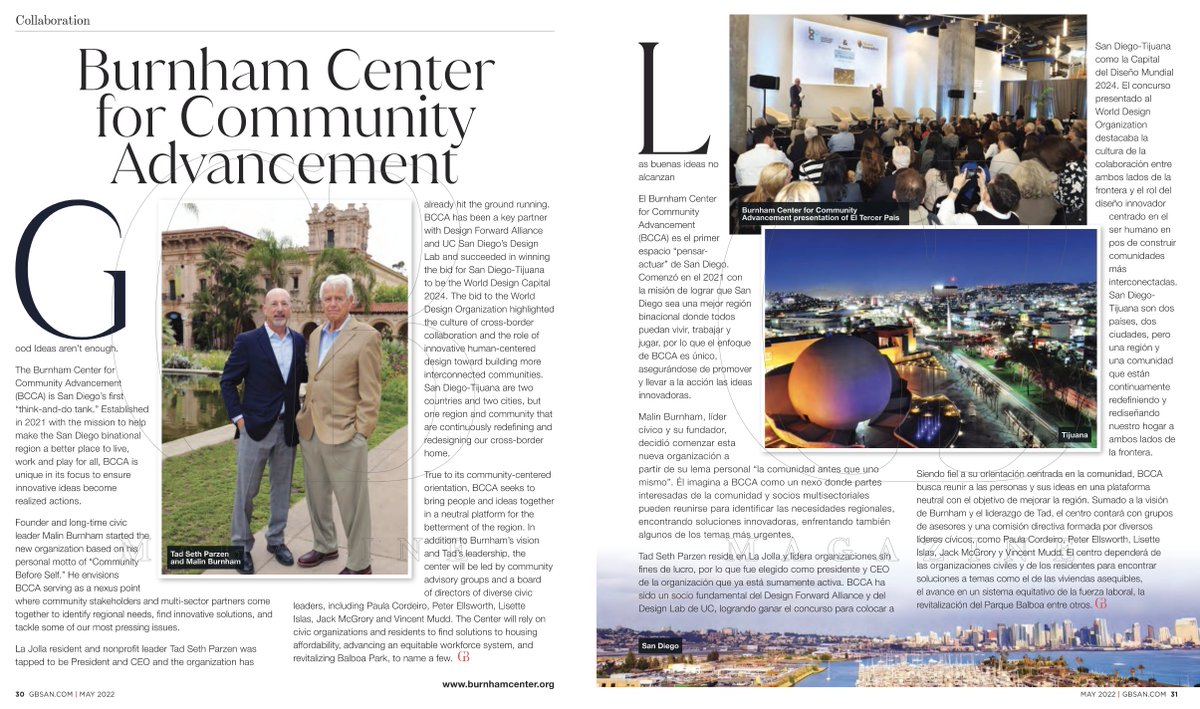 BurnhamCenterSD's tweet photo. Read abt @BurnhamCenterSD in the latest edition of Giving Back Magazine! In the current issue: our #CommunityBeforeSelf mantra, our mission to make the San Diego binational region a better place to live, work and play for all, and early win w/ #WDC2024 https://t.co/oDfLiMPulb https://t.co/3AHAEyAXIH