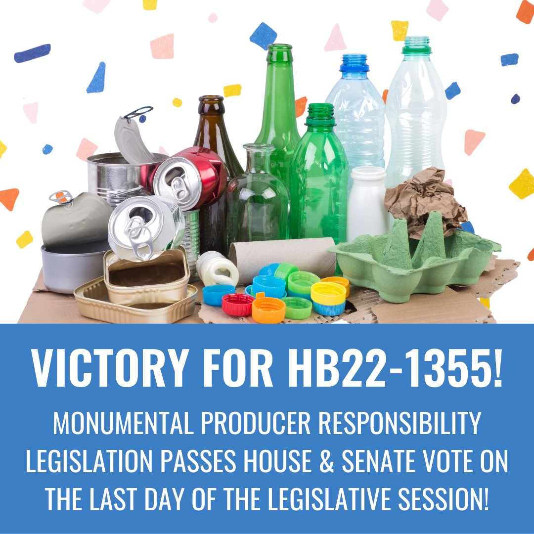 ecocycle's tweet photo. VICTORY! HOUSE BILL 22-1355: PRODUCER RESPONSIBILITY FOR COLORADO RECYCLING PASSES HOUSE AND SENATE VOTE! 

Today, House Bill 22-1355 passed both a Senate vote (21-14) and a House vote on final passage (40-25), and now moves on to @GovofCO Polis to be signed into law! 🎉🎉🎉 https://t.co/BxTW4WiJMt