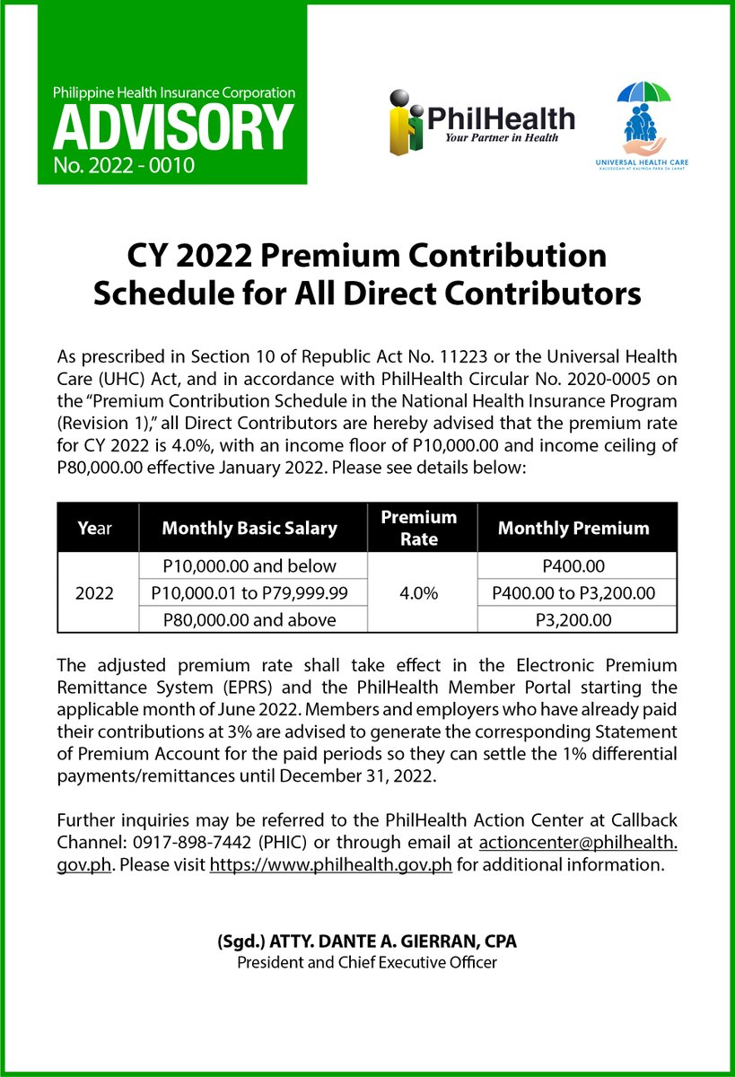 teamphilhealth's tweet photo. PhilHealth Advisory No. 2022-0010
CY 2022 Premium Contribution
Schedule for All Direct Contributors

https://t.co/5suK7mYPHq

#MyPhilHealth https://t.co/26uzy8klTO