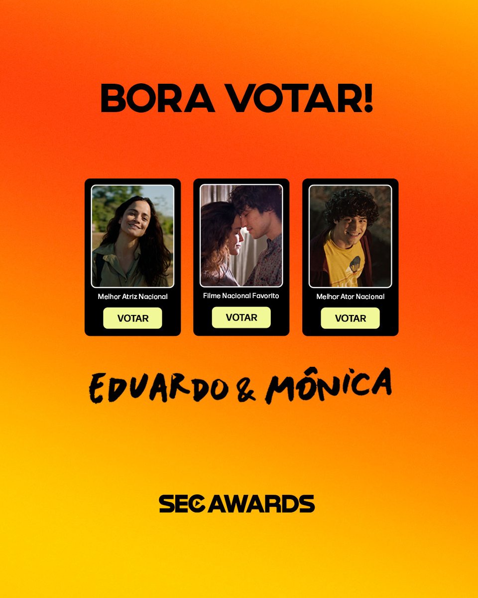 eduardoemonicax's tweet photo. Vamos votar muito! 🏆🏆🏆 
#EduardoeMonica #FilmeNacionalFavorito #SECAwards https://t.co/UbqCywMrZ1