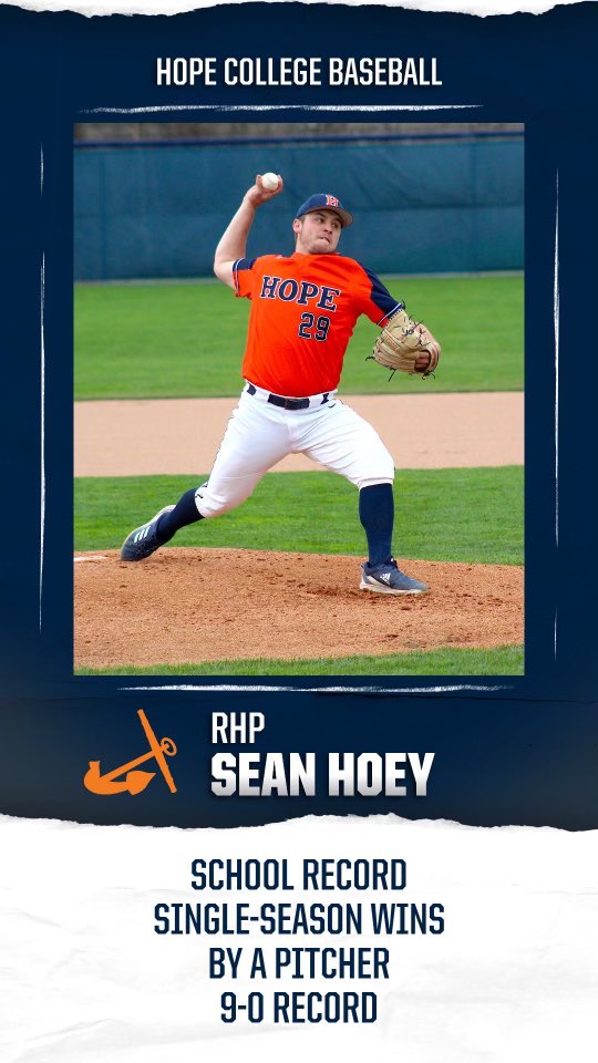 HopeCollegeBSB's tweet photo. With his ninth win this season, right-hander Sean Hoey set a @HopeCollegeBSB single-season record for victories in a season by a Flying Dutchmen pitcher this afternoon. The senior education major is 9-0 on the mound. #BeStrongBeTrue #d3baseball https://t.co/jTCWBbIKFQ