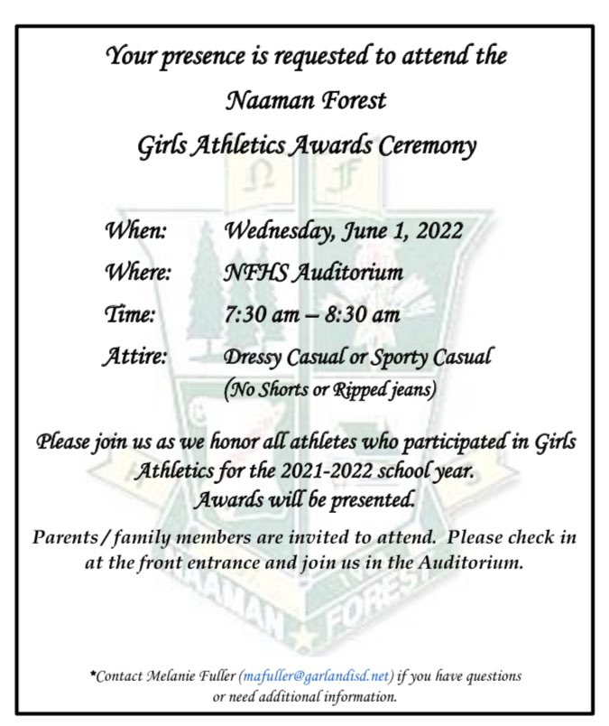 End of year awards ceremony for Girls Athletics 🏐🏀⚽️🥎🏃‍♀️ is June 1st. Parents/family members of athletes are invited to attend!! <a href="/NaamanSoccer/">NFHSGirlsSoccer</a> <a href="/NaamanSoftball/">Naaman Forest Softball</a> <a href="/NaamanGirls/">Naaman Forest Girls Basketball</a> <a href="/NfhsVolleyball/">Naaman Forest Volleyball Program</a> <a href="/NFHS_Girls_XC/">Runnin'Rangers</a>