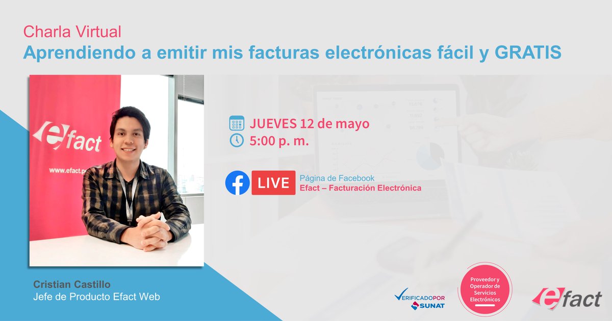 Efact_PE's tweet photo. ¿Eres parte de la #FacturaciónElectrónica, pero aún tienes muchas dudas?
Únete a nuestra charla virtual y conoce sobre este proceso de #digitalización para la emisión de comprobantes electrónicos.
Nos vemos en #FLive ► https://t.co/eGR39omLgI
📅 JUEVES 12 de mayo
🕔 5:00 p. m. https://t.co/9MejjkCKft