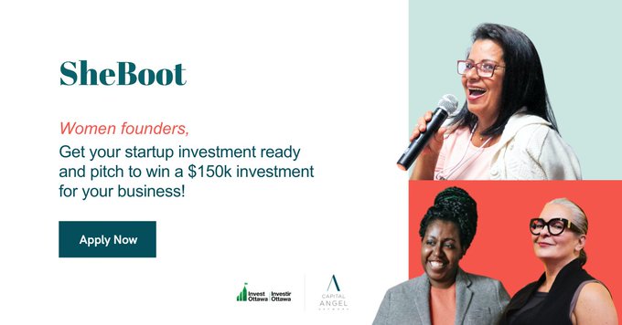 Calling all Canadian women founders looking to get your startup investment ready - Applications are now open for the third cohort of Sheboot! Apply here: sheboot.ca <a href="/CapitalAngels/">Capital Angel Network</a> <a href="/Invest_Ottawa/">Invest Ottawa</a> #WomenSupportingWomen