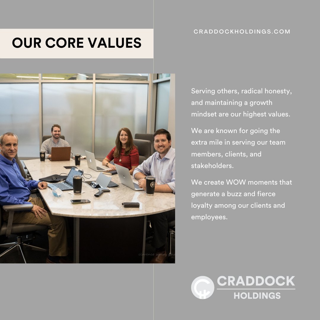 Craddock_Hldgs's tweet photo. Serving others, radical honesty, and maintaining a growth mindset are our highest values. We are known for going the extra mile in serving others. We create WOW moments that generate a buzz and fierce loyalty among our clients and employees. #craddockholdings https://t.co/GD0wGoPppq