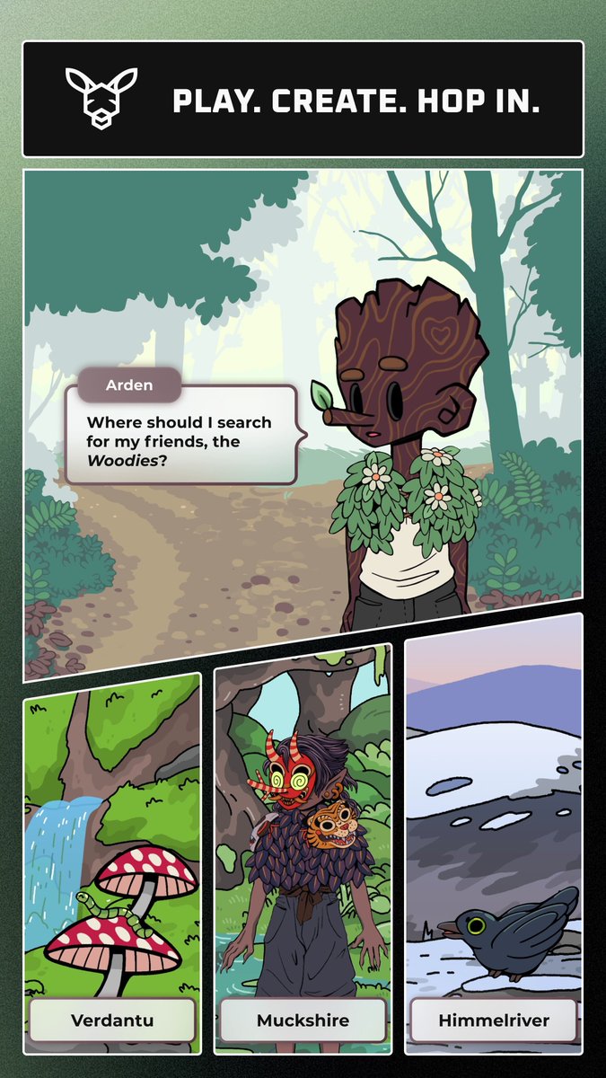 🌳Woodies x <a href="/KangarooStories/">Kangaroo</a>🌳

Now is the time to join Arden &amp; friends on their very first adventure "Woodies: Wondermist Adventures"

Using the app you can immerse yourself in the Woodies World and interactively play through our lore. Players can even remix their own stories!