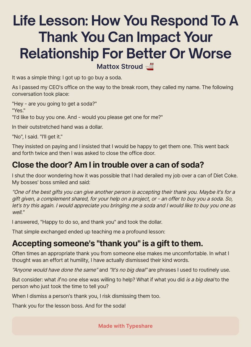 MattoxStroud's tweet photo. At work one day, all I did was get up to go buy a soda.

What happened next taught me that accepting an appropriate 'thank you' is more than just good manners.

It can help build a stronger relationship too.

#yourewelcome #lifelesson #itmightbeabigdeal https://t.co/MfH7yV8vO8