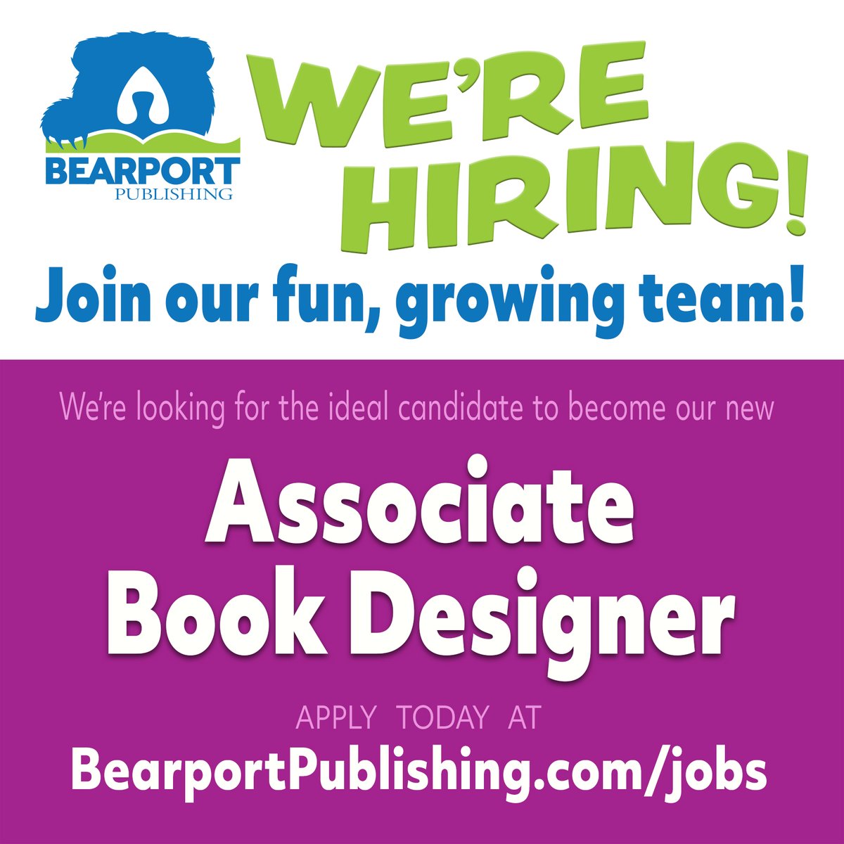 Bearportpub's tweet photo. We're hiring! More info: https://t.co/1jgSxtWKUN 

#nowhiring #publishingjobs #designerjobs https://t.co/3joDJhfJ9J