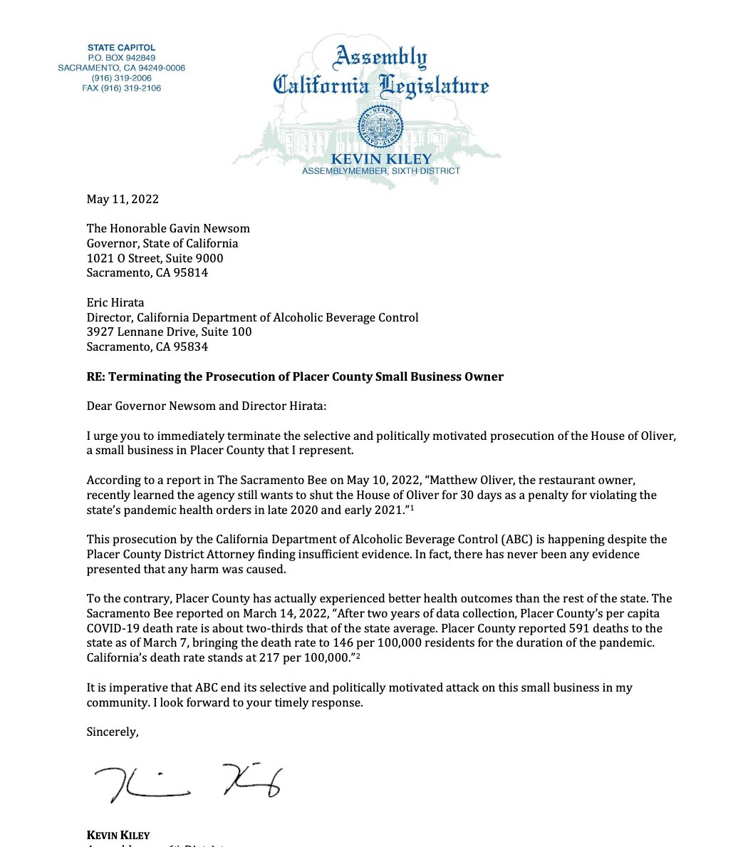 KevinKileyCA's tweet photo. Newsom is trying to destroy businesses that spoke out against his lockdowns. I'm calling on the Governor and his agents to end this flagrant abuse of power. https://t.co/nqUAm6VkhZ