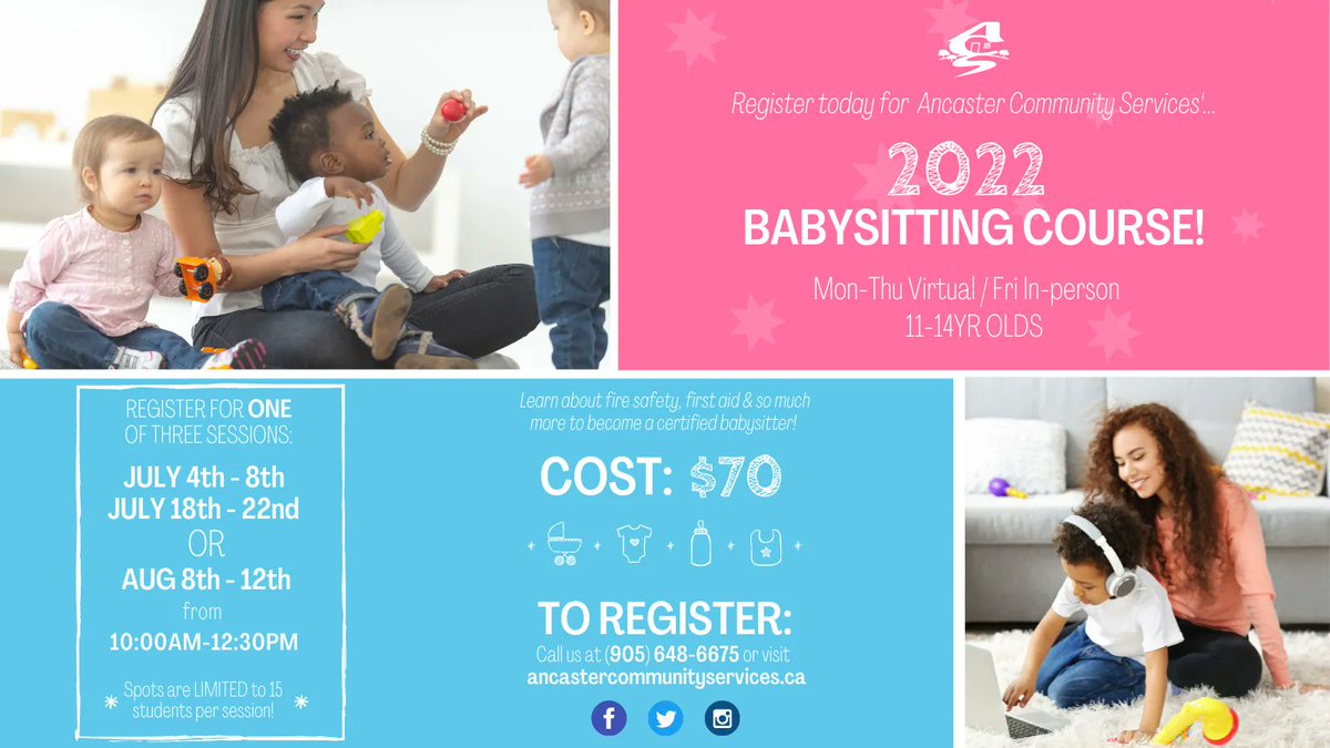 AncasterCommSer's tweet photo. Registration for our 2022 Babysitting Course is now OPEN! 🍼 This fun and interactive course teaches students all about important topics such as fire safety, first aid and so much more! ✨ #BabysittingCourse
To learn more and register, please click here: https://t.co/tCIOm4lRaT https://t.co/xGPq3cfmoK