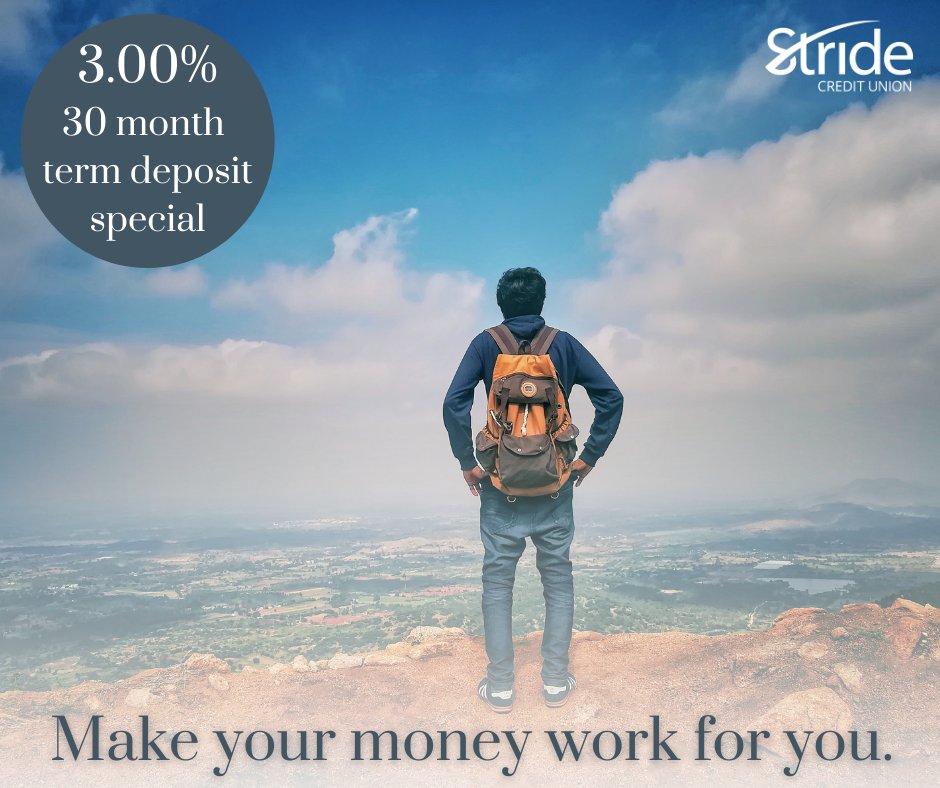 Put your money to work for you. We have a SPECIAL 3.0% rate on a 30 month term deposit right now. Limited time offer. Save with Stride. Call 877-228-2636 or email contactus@stridecu.ca to get started. #StrideCU #herewegrow #savewithStride