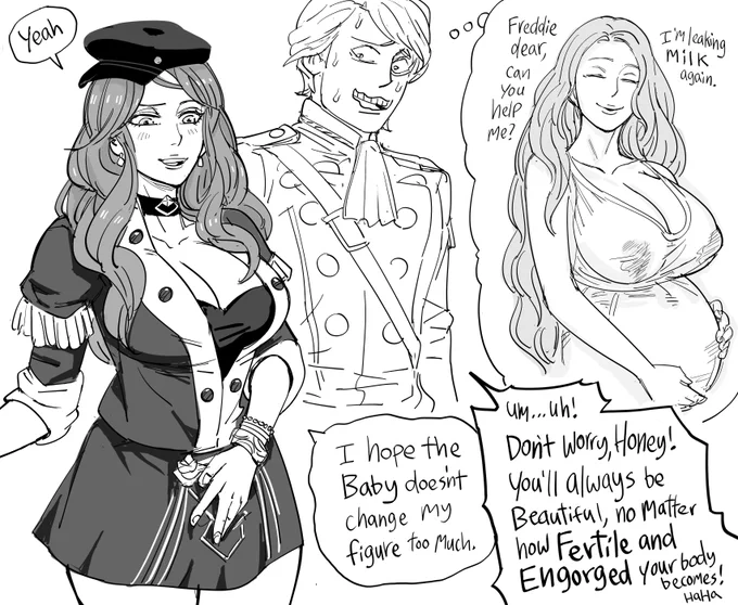 Patreon request:
Fire Emblem Dorothea Arnault pregnant and Ferdinand imagining how big her breasts will be.

60% of my Patreon subscribers are just like 
"Ha Ha you know what would be funny? If you drew [depraved personal fetish]! What a great joke! haha"
thinking I won't notice. 