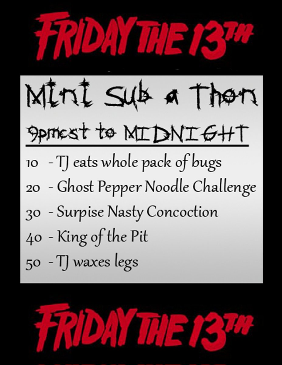 TheWGFam's tweet photo. #FridayThe13th #subathon #mini #minisubathon #ghostpepper #waxlegs #kingofthepit https://t.co/42miK97ohU