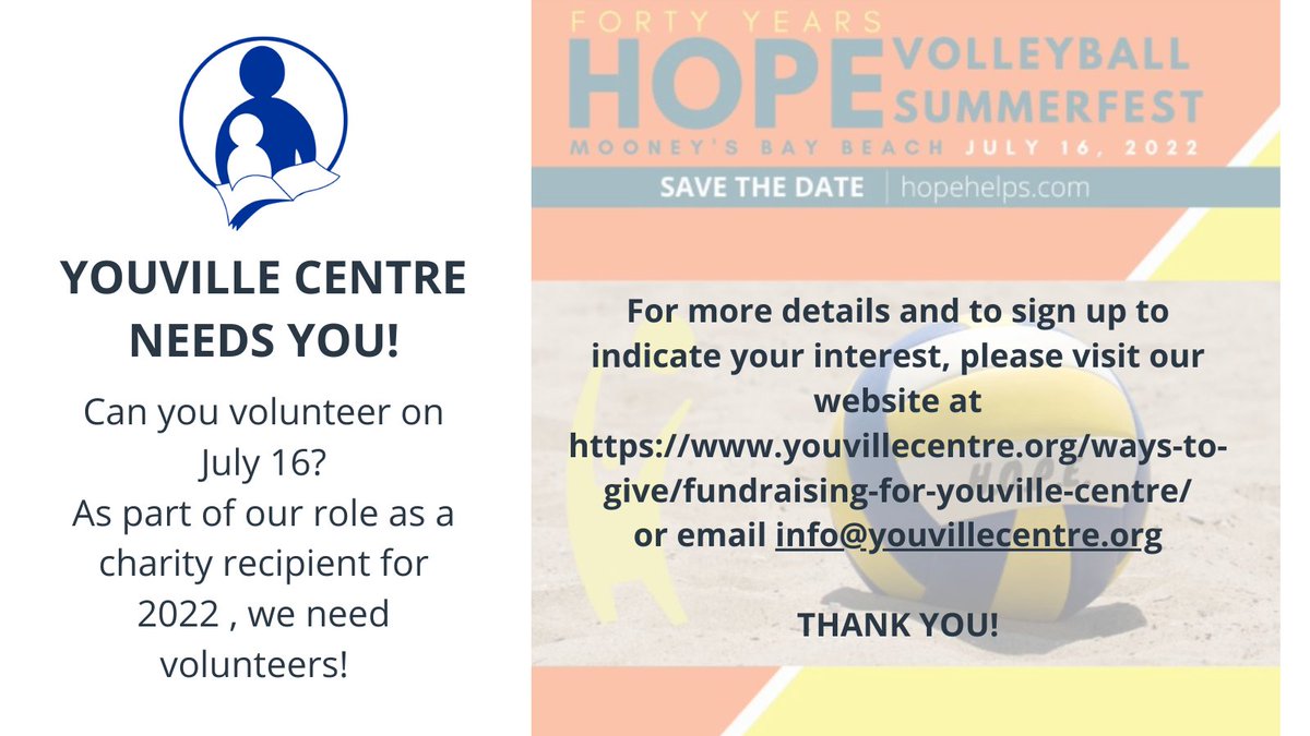 Looking for a fun way to volunteer and support <a href="/YouvilleCentre/">Youville Centre</a> at the same time? We need Youville volunteers for <a href="/hopevballottawa/">HOPE Volleyball OTT</a> Summerfest! Visit this link for more details and to sign up! docs.google.com/forms/d/e/1FAI…