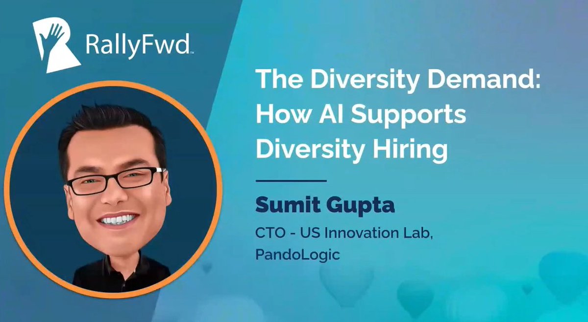 PandoLogic's tweet photo. Happening soon on the Main Stage at #RallyFWD, PandoLogic's Sumit Gupta on how #AI technology can support your diversity hiring efforts. Stay tuned to learn more about how to use AI to curate a more thoughtful hiring process. https://t.co/kya1aRXPIx