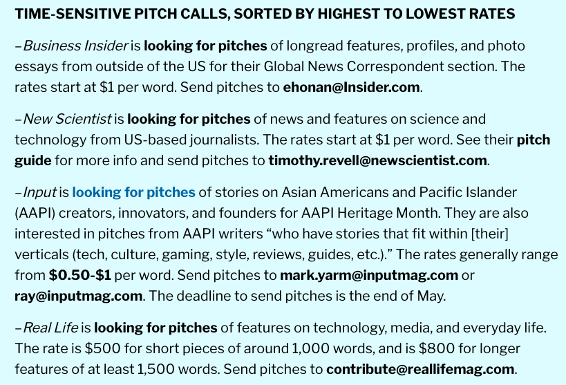 studyhallxyz's tweet image. Looking for new places to pitch? Check out time-sensitive (and well-paid) pitch calls from @BusinessInsider, @newscientist, @inputmag, @_reallifemag, and many more.