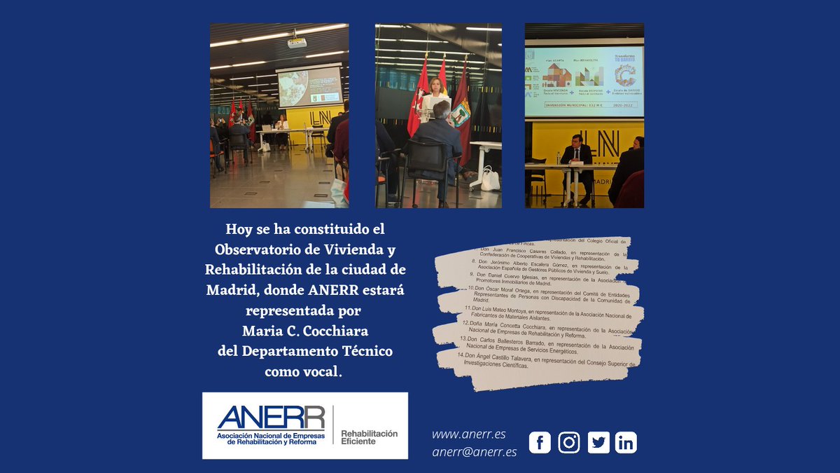 Anerr_'s tweet photo. Hoy se ha constituido el Observatorio de Vivienda y Rehabilitación de la ciudad de Madrid, donde ANERR estará representada por Maria C. Cocchiara del Departamento Técnico como vocal
#RehabilitacionAhoraEsElMomento #ANERR #ObservatorioMadrid #Rehabilitacion #Accesibilidad https://t.co/TVpiQ2NlcF