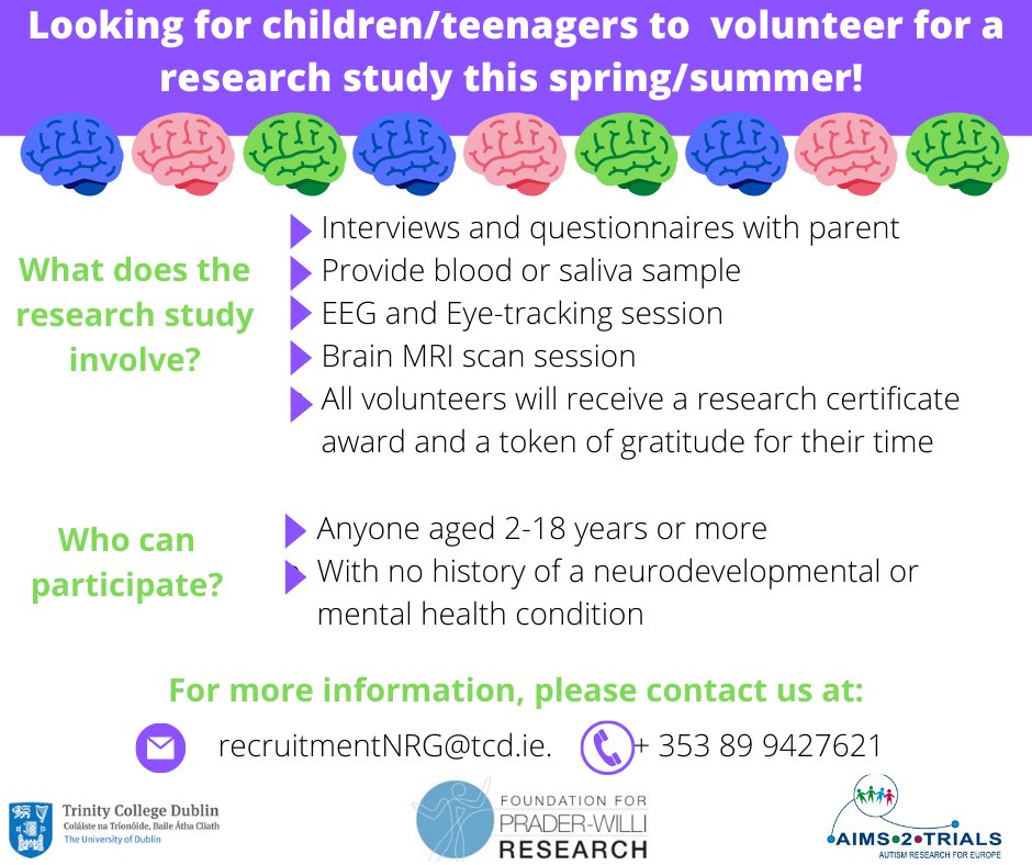 AutismTCD's tweet photo. Thanks to everyone who has volunteered so far. We are also looking for neurotypical children and teenagers aged 2-18 years. If your child or someone you know matches these criteria, we would love to hear from you. We are very flexible and can find times during summer holidays. https://t.co/k58nMekRM7