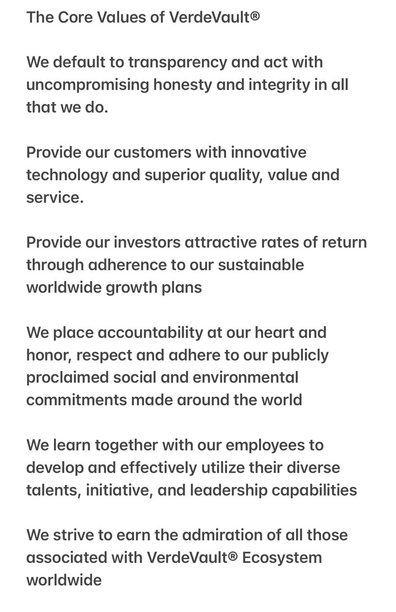 VerdeVault®️/VerdeCoin™️ Core Values #Integrity #honesty #accountability #sustainabledevelopment #LeadershipDevelopment for our employees