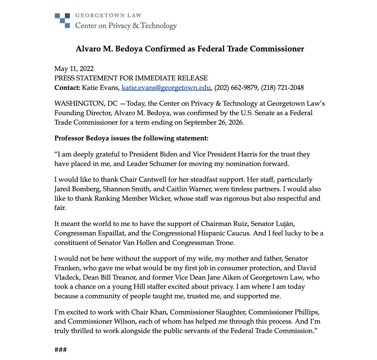 GeorgetownCPT's tweet photo. We're thrilled that Founding Director @alvarombedoya has been confirmed to the FTC. See below for a statement from Alvaro. https://t.co/TZ87KfB7zm
