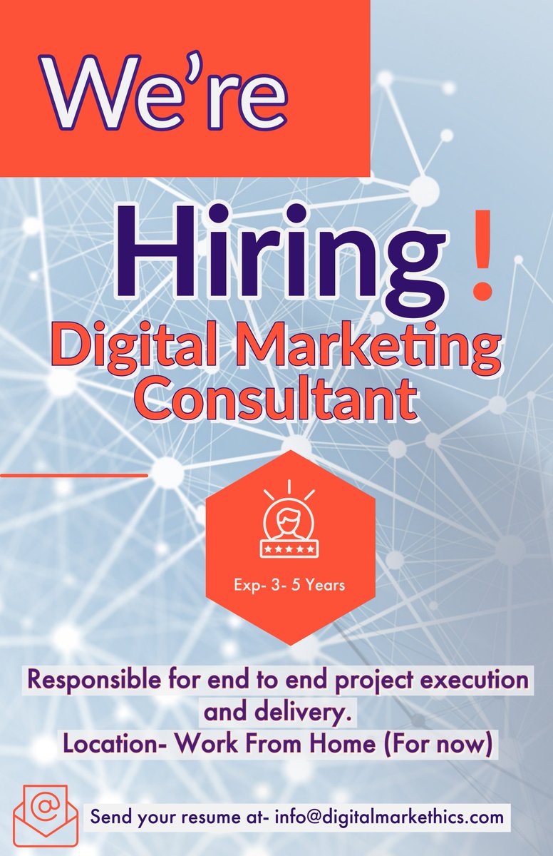 Gangulytweets's tweet photo. We are Hiring Digital Marketing Consultants with 3-5 years of exp. Individuals who are #Innovative #Creative #OwnershipDriven #GoodCommunicator & Passionate about #DigitalTransformation can apply at: info@digitalmarkethics.com
#jobs #hiring #wearehiring @DigiMarkethics https://t.co/xeMko1pWa5