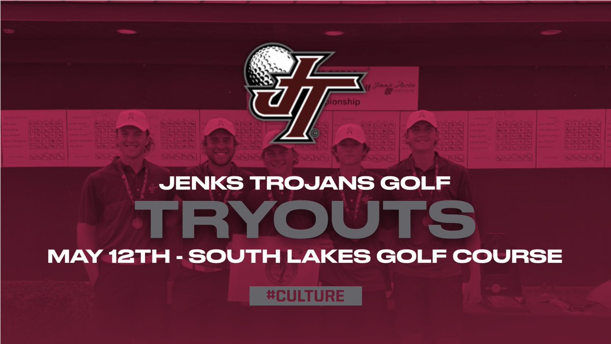 Don't forget! Jenks Boys Golf Tryouts tomorrow at South Lakes Golf Course starting at 4 p.m. If you have any questions please contact Coach Miller at dustin.miller@jenksps.org. #Culture #Legacy #PERFECT #ChampionshipMindset