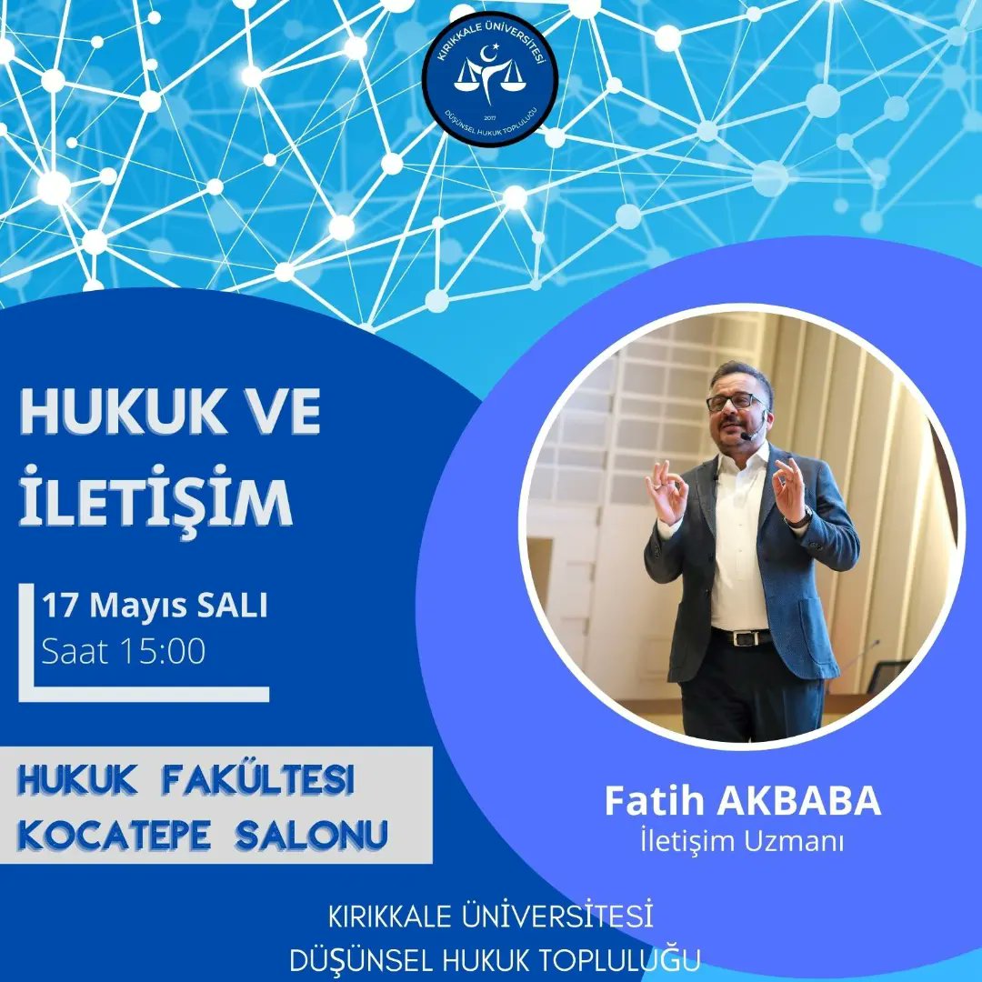 "Hukuk ve İletişim" adlı etkinliğimizde İletişim Uzmanı Fatih AKBABA konuğumuz olacak . "İLETİŞİM KALPTEN KALBE DOKUNMAKTIR!" diyerek yola çıkıp gönüllere ve topluma muhabbetle dokunan Fatih AKBABA'yla olan etkinliğimize herkesi bekliyoruz.