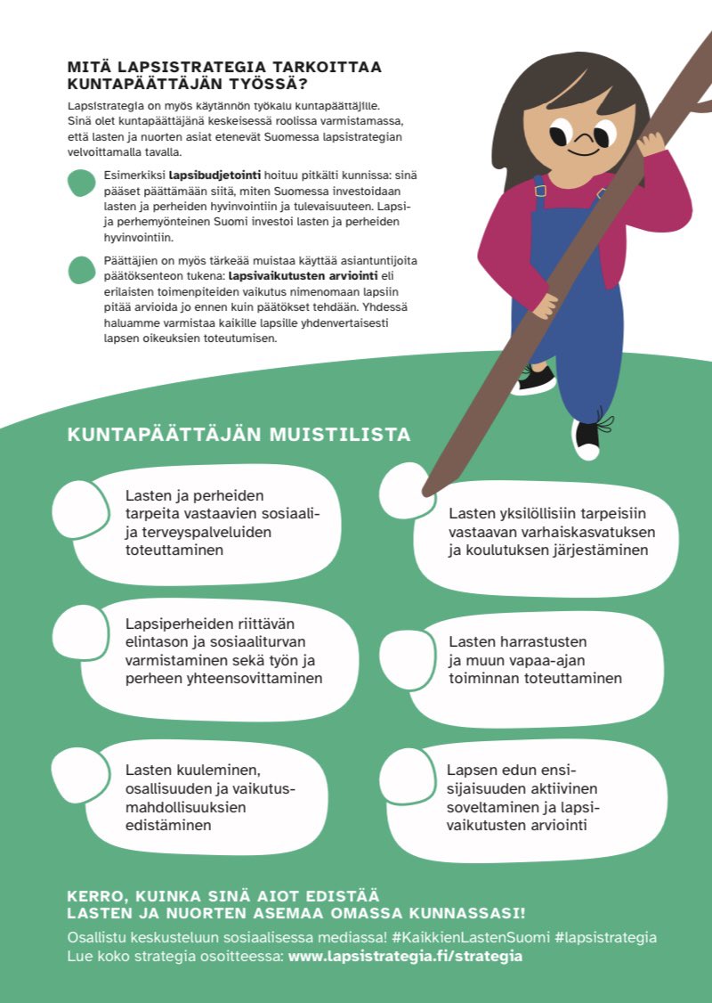 ❗️Kuntapäättäjille muistilista, miten voit edistää lasten, nuorten ja perheiden hyvinvointia. #lapsistrategia #toimeenpano #kunta #KaikkienLastenKunta #osaaminen #lapsivaikutustenarviointi #osallisuus #lapsibudjetointi