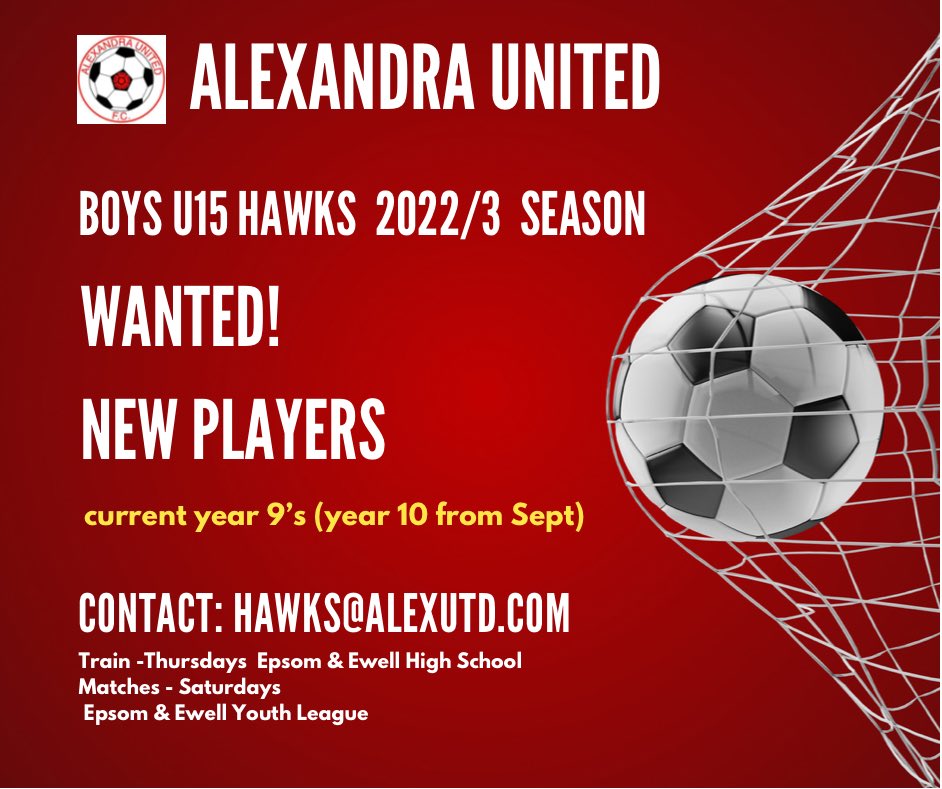 The season may be over but we know football never ends!  Looking for new players for our U15 Hawks team.  You know what to do #alexutd #hawks #playerswanted #epsomfootball