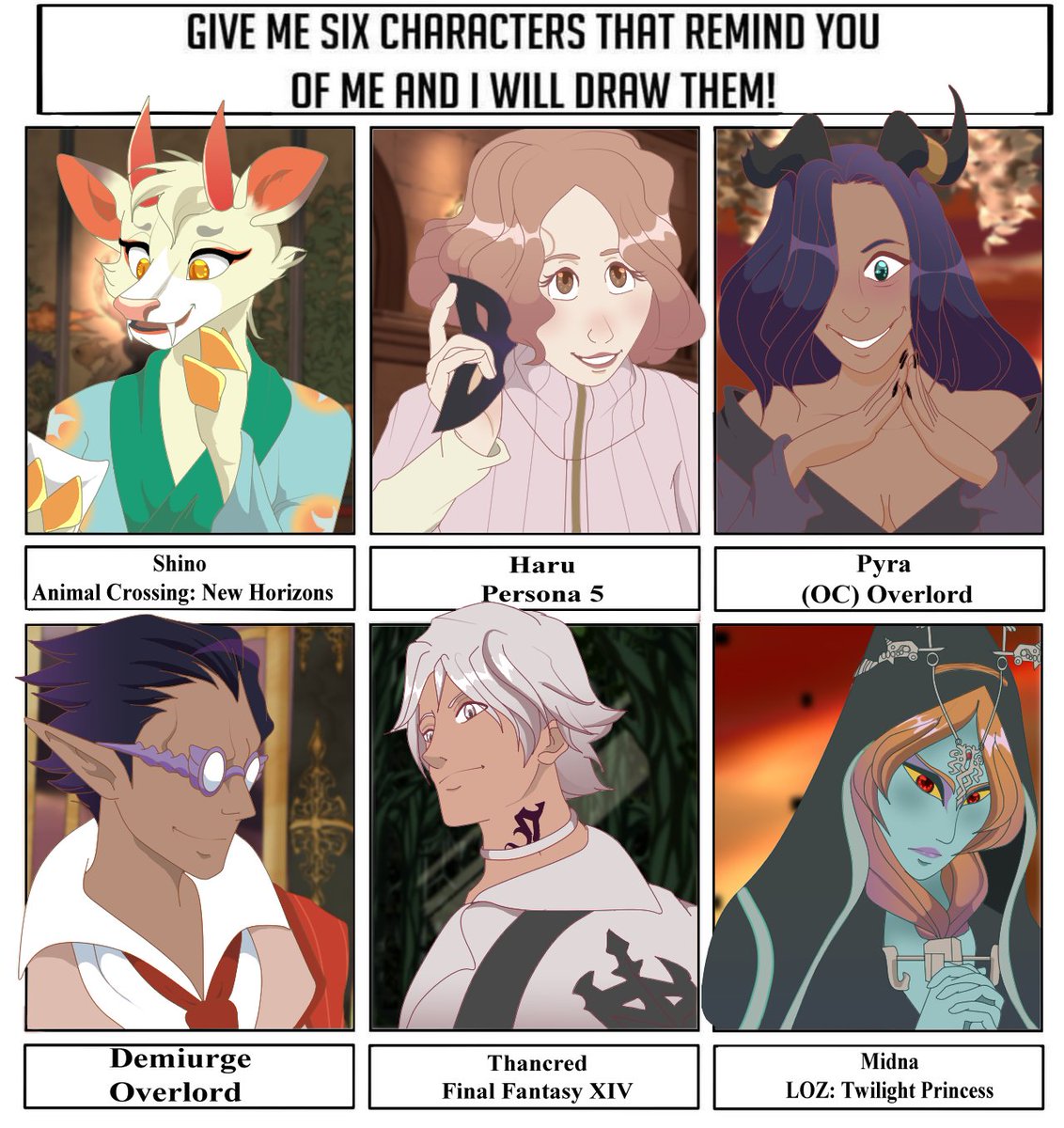 Oreana_Galena's tweet photo. I asked some people to give me six characters, and here they are. ♥ It was nice to draw Midna again after so long. Shino was a first for me. xD;
#fanart #ArtistOnTwitter #ffxiv #acnh #shino #loztp #princessmidna #legendofzelda #persona5 https://t.co/adO9vB0z92