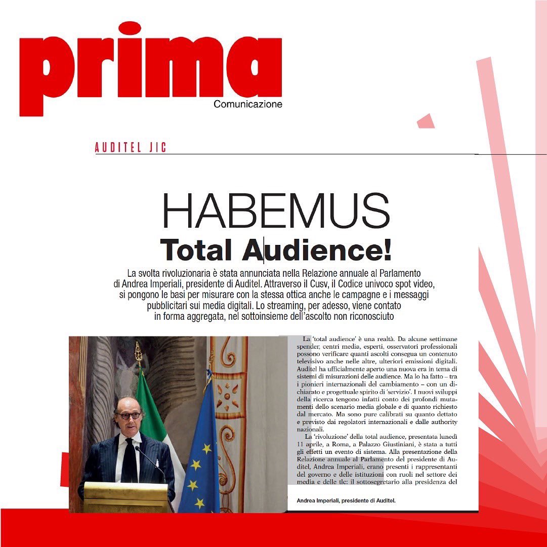 ItalCom_'s tweet photo. Total #Audience! Annunciata nella Relazione annuale al Parlamento di #AndreaImperiali presidente di #Auditel, attraverso il #Cusv, la misurazione anche delle campagne e i messaggi pubblicitari sui #mediadigitali
Su @Primaonline
#italcommunications https://t.co/8cLcUPIHEd