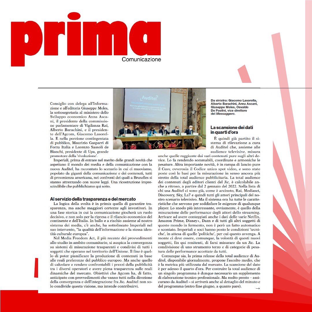 ItalCom_'s tweet photo. Total #Audience! Annunciata nella Relazione annuale al Parlamento di #AndreaImperiali presidente di #Auditel, attraverso il #Cusv, la misurazione anche delle campagne e i messaggi pubblicitari sui #mediadigitali
Su @Primaonline
#italcommunications https://t.co/8cLcUPIHEd
