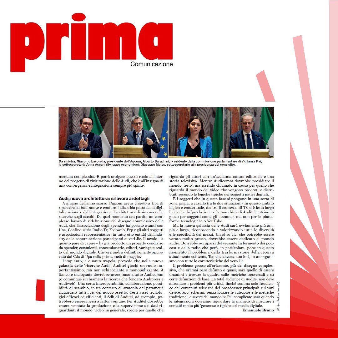 ItalCom_'s tweet photo. Total #Audience! Annunciata nella Relazione annuale al Parlamento di #AndreaImperiali presidente di #Auditel, attraverso il #Cusv, la misurazione anche delle campagne e i messaggi pubblicitari sui #mediadigitali
Su @Primaonline
#italcommunications https://t.co/8cLcUPIHEd