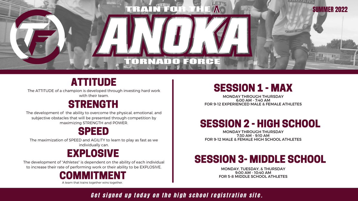 AnokaFootball's tweet photo. Get signed up now for the summer strength and agility development camp. Great opportunity to improve your best. #ForTheA https://t.co/mrvIveqb6b