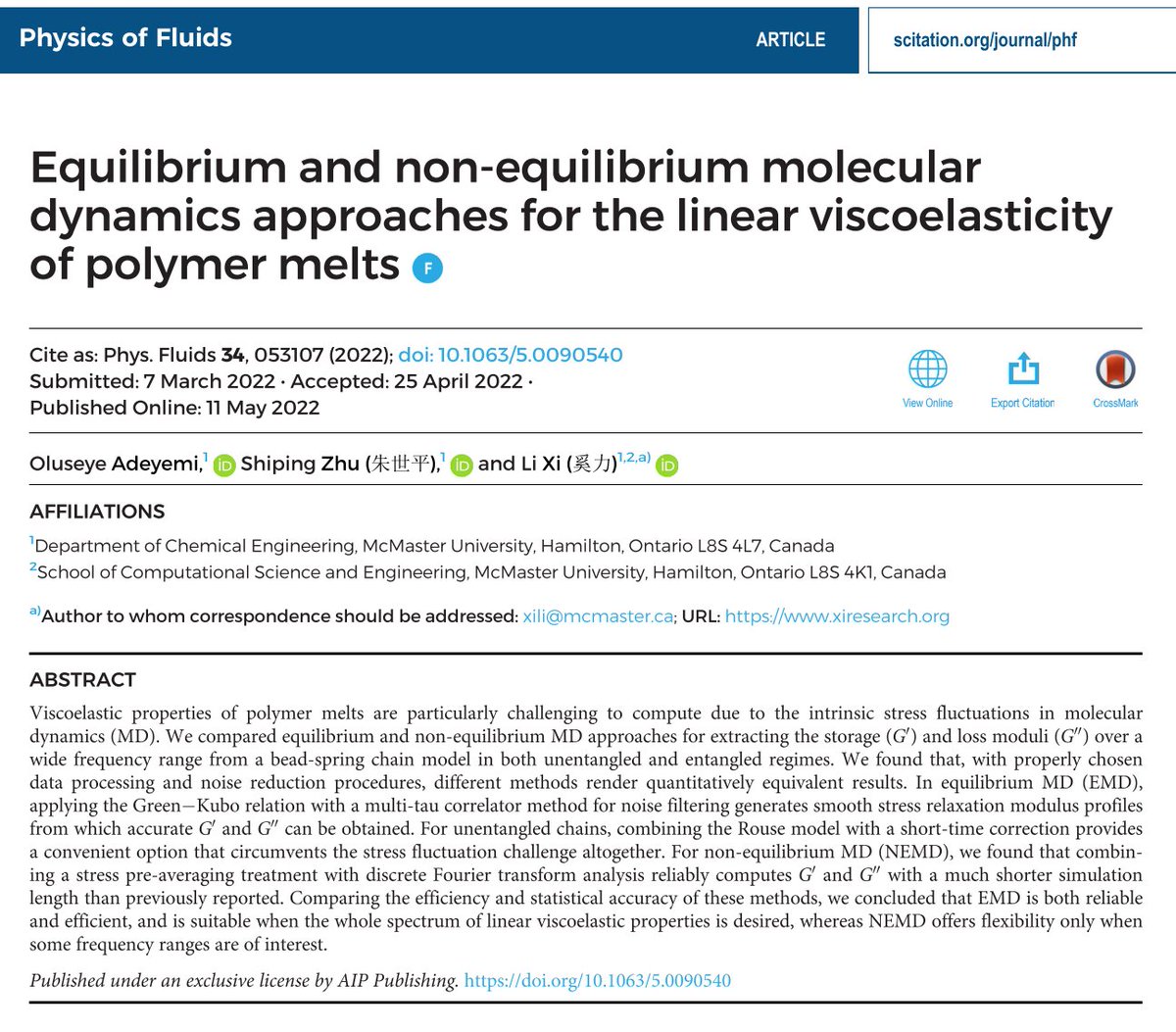 XiResearchGroup's tweet photo. Work by our latest PhD Grad Oluseye was selected as a Featured article by Phys. Fluids @AIP_Publishing . It investigates the best practices for computing viscoelastic properties of #polymers in computer models. @Mac_ChemEng 

#Free download for 14 days! https://t.co/UlgcthbmIq https://t.co/9DH7Oy7ocV