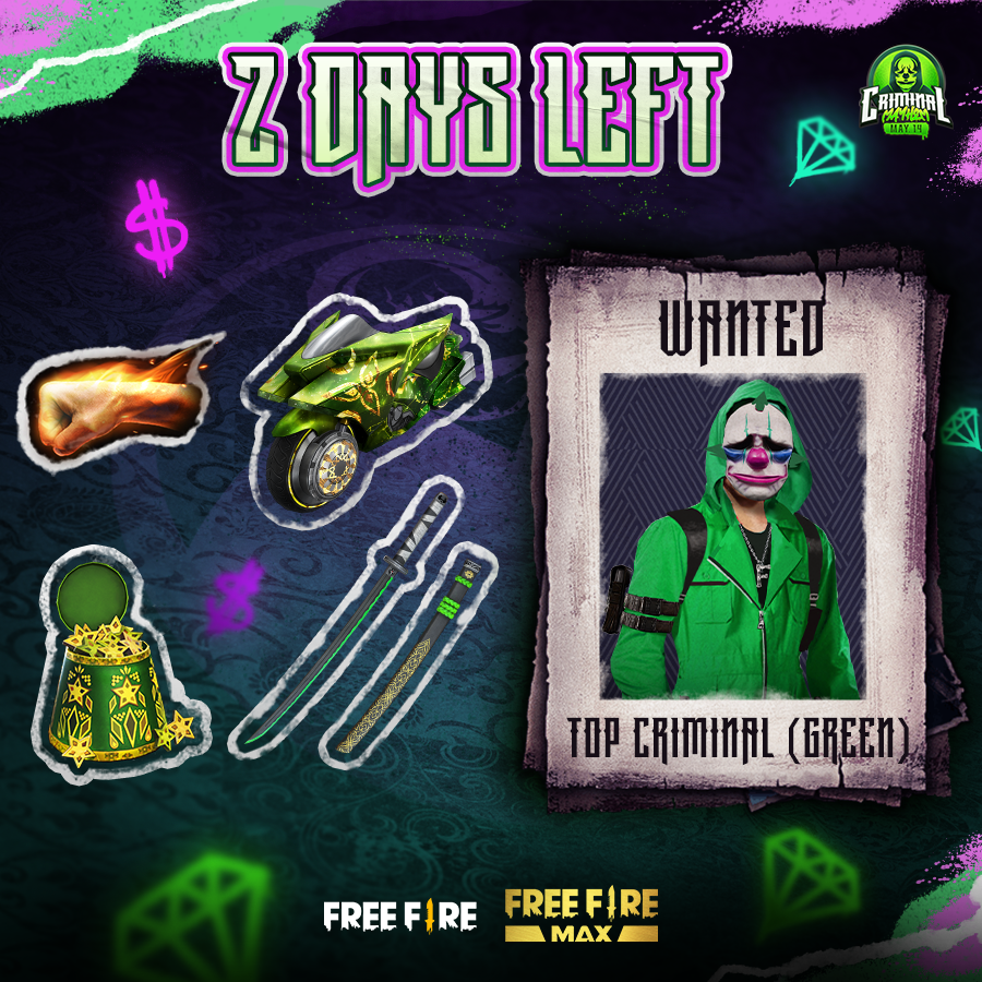 Garena Free Fire North America on X: 💰 TWO DAYS LEFT 💰 The Green Top  Criminal Mayhem bundle is making their comeback on May 13th! Don't miss out  on your chance of