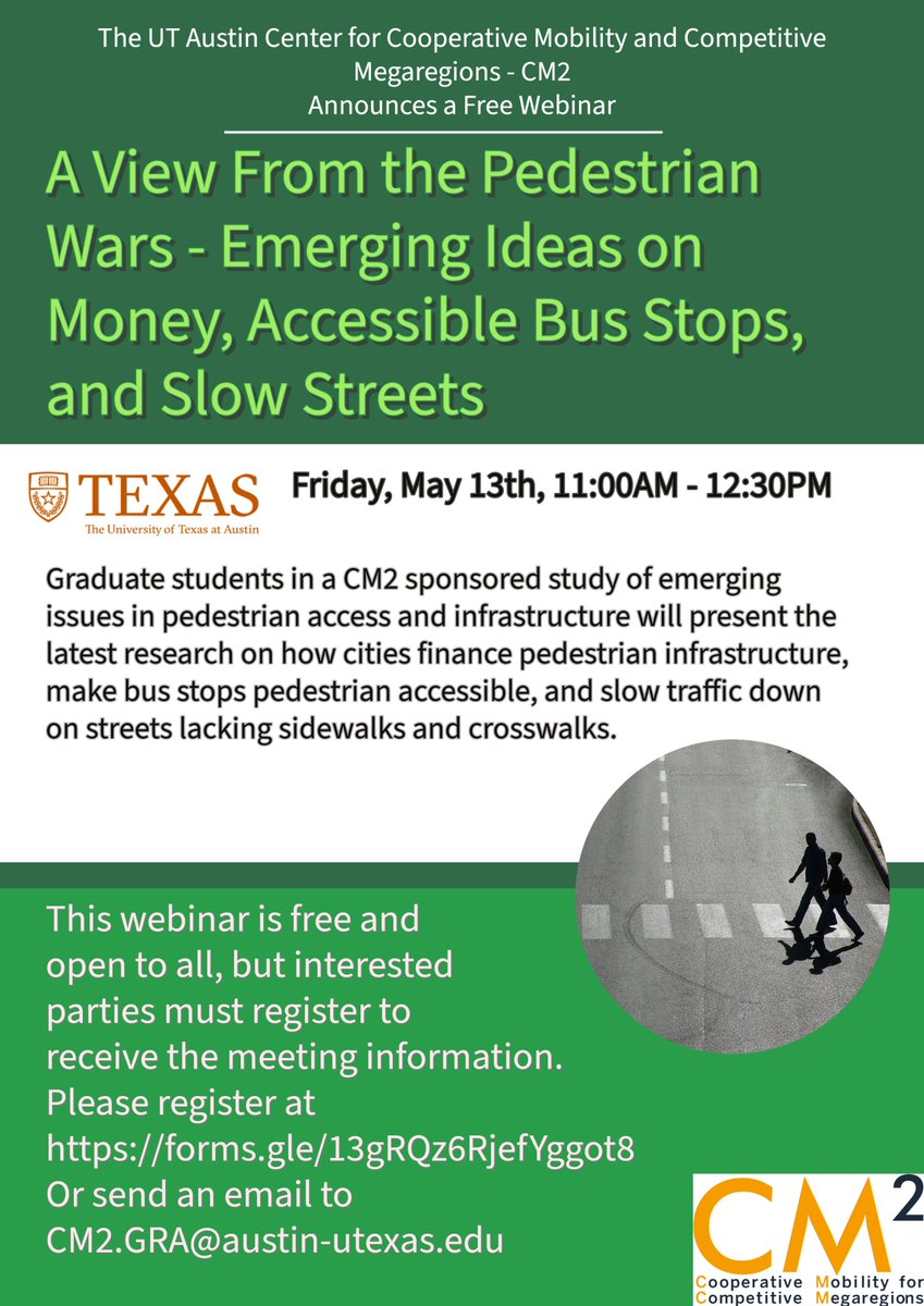 CM2_UTC's tweet photo. REMINDER: This Friday, May 13th, CM2 presents a FREE webinar entitled A View From the Pedestrian Wars - Emerging Ideas on Money, Accessible Bus Stops, and Slow Streets. Please register here. https://t.co/r7uTq846Ht https://t.co/Xe6LyZbkuL