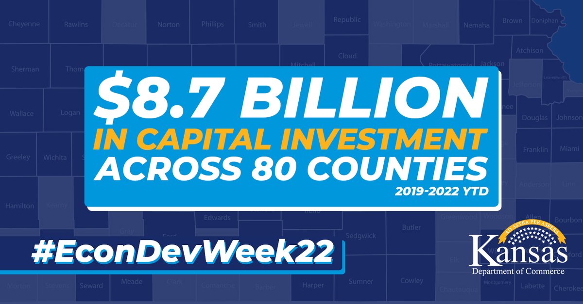 KansasCommerce's tweet image. .@GovLauraKelly has placed a high priority on expanding economic development to all regions of the state. In 2019, we had successful projects in 33 Kansas counties, and today, that number is 80. Our goal is to empower prosperity statewide, in all 105 counties. #EconDevWeek22